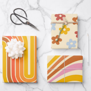 Retro Hippie Rainbow Stripes Groovy Floral 70s Fun Wrapping Paper Sheet