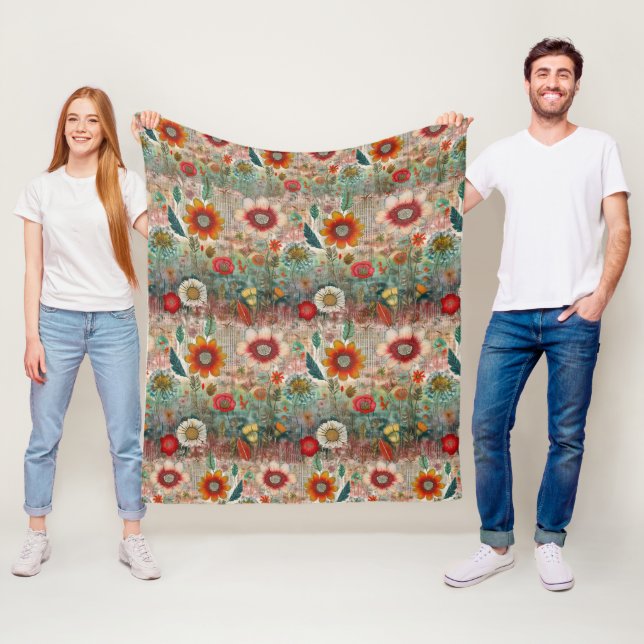 Retro Hippie: Red Flower Garden Fleece Blanket (In Situ)