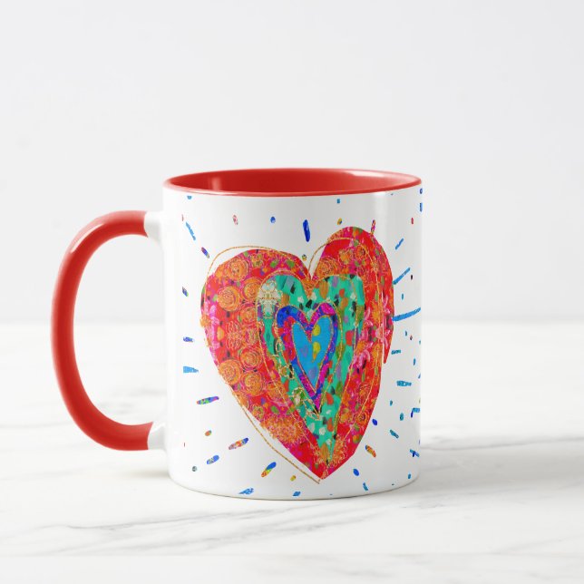 Retro Hippie Red Pink Turquoise Watercolor Heart Mug (Left)