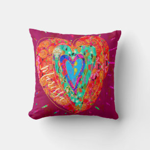 Retro Hippie Red Pink Watercolor Heart Name Cushion