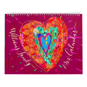 Retro Hippie Red Turquoise Heart Custom 2024 Photo Calendar
