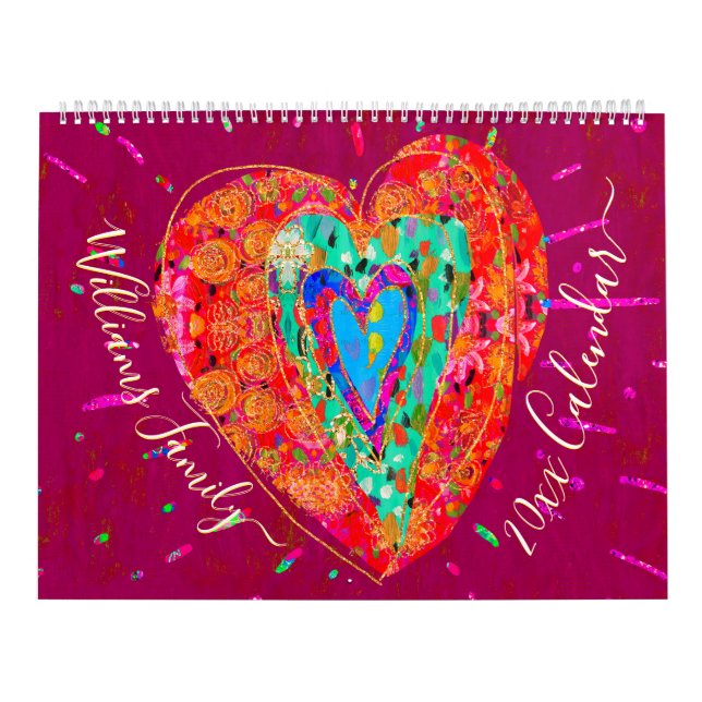 Retro Hippie Red Turquoise Heart Custom 2024 Photo Calendar (Cover)
