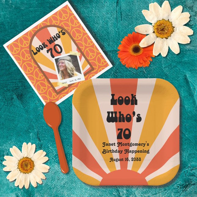 Retro Hippie Sunrise 70th Birthday  Paper Plate (Retro hippie sunrise groove with plenty of mix and match party goods. Celebrate the 60's)