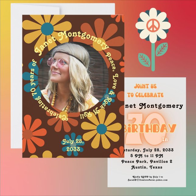 Retro Hippie Sunrise Peace 70th Photo Birthday Napkin (Creator Uploaded)