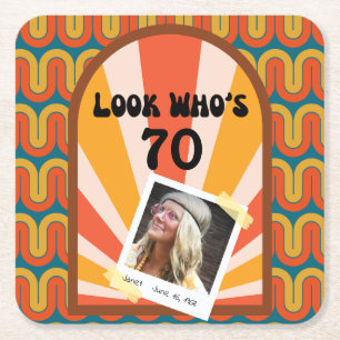 Retro Hippie Sunrise Photo Birthday Paper Coaster