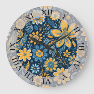 Retro Hippie Vintage Flowers Design Yellow Blue Large Clock