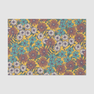 Retro Hippie Yellow Turquoise 70s Floral Pattern Tissue Paper