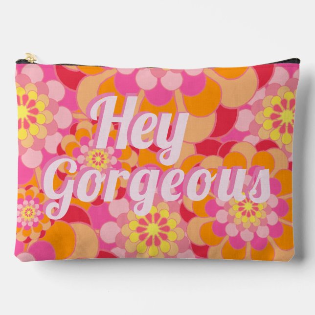 Retro Hippy Orange Pink Flowers Hey Gorgeous Accessory Pouch (Front)