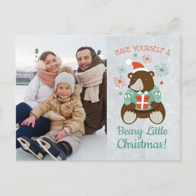 Retro Hipster Bear Beary Little Christmas Photo Postcard (Front)