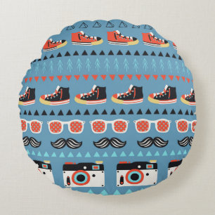 Retro hipster seamless pattern round cushion