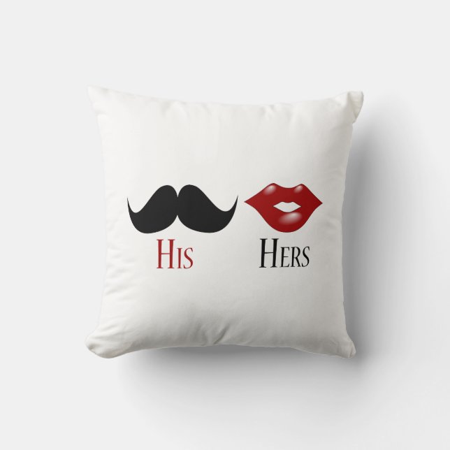 Retro His and Hers Black Handlebar Moustache Cushion (Front)
