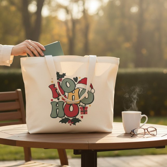 Retro Ho Ho Ho Christmas Holiday Holly Santa Hat Large Tote Bag (Creator Uploaded)