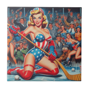 Retro Hockey Pin-up Ceramic Tile