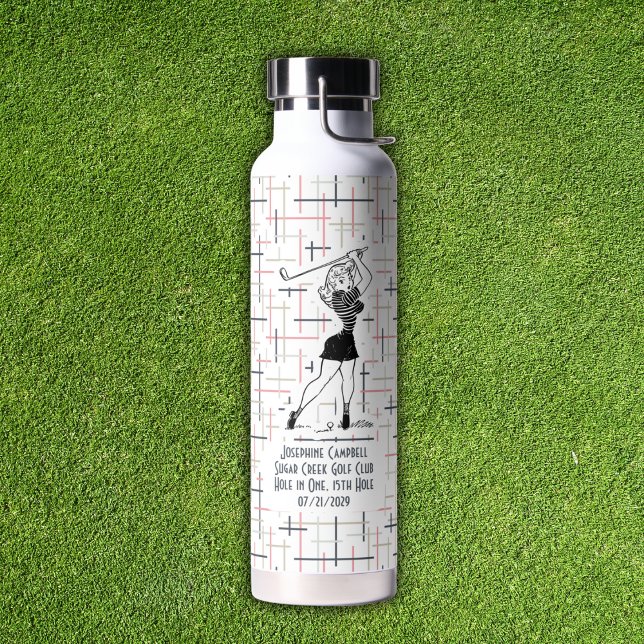 Retro Hole-in-One Golf Girl Pink Personalised  Water Bottle (Personalize a water bottle to celebrate a hole-in-one with all the details.)