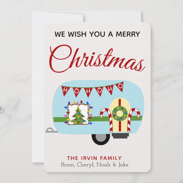 Retro Holiday Camper Personalised Christmas Card (Front)