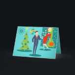 Retro Holiday Cartoon Couple Christmas Card<br><div class="desc">This Retro Holiday Cartoon Couple Christmas Card will put you in the holiday spirit. The front design features a turquoise background with teal bricks and an olive green, cone fireplace. There is a teal, starburst wall clock and a two-tier pendant lamp in shades of yellow, blue and black. A green...</div>