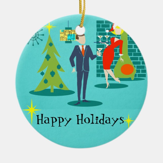 Retro Holiday Cartoon Couple Christmas Ornament (Front)