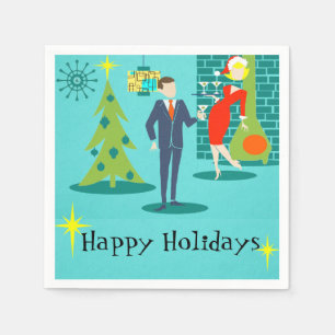 Retro Holiday Cartoon Couple Cocktail Napkins