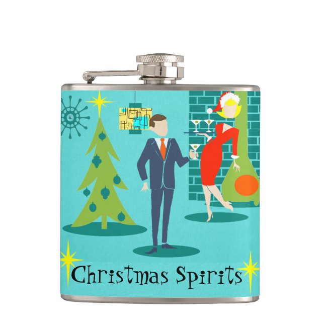 Retro Holiday Cartoon Couple Flask (Front)