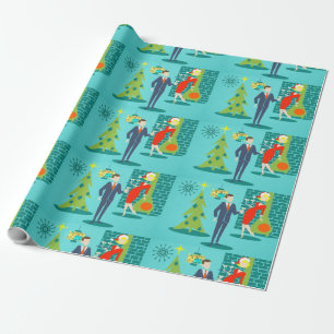 Retro Holiday Cartoon Couple Wrapping Paper