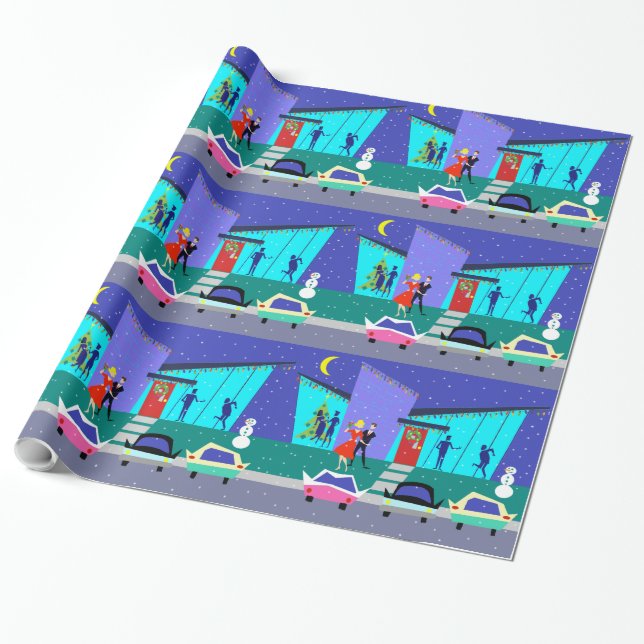 Retro Holiday Cartoon Party Wrapping Paper (Unrolled)