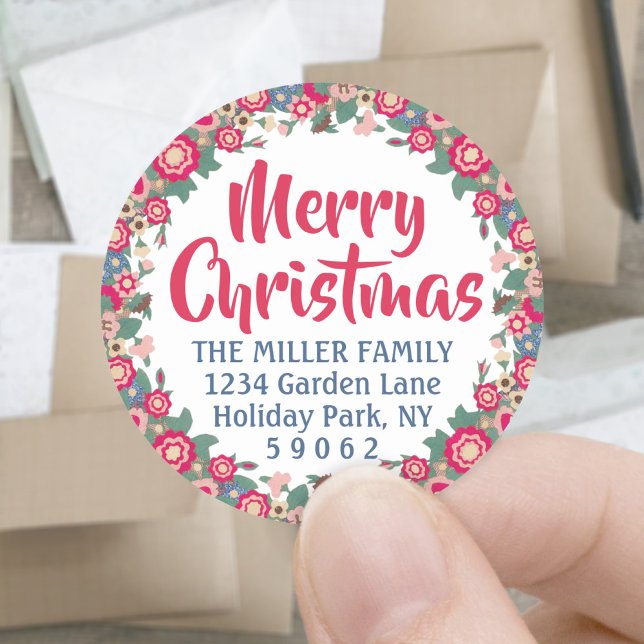 Retro Holiday Floral Round Return Address Label (Creator Uploaded)