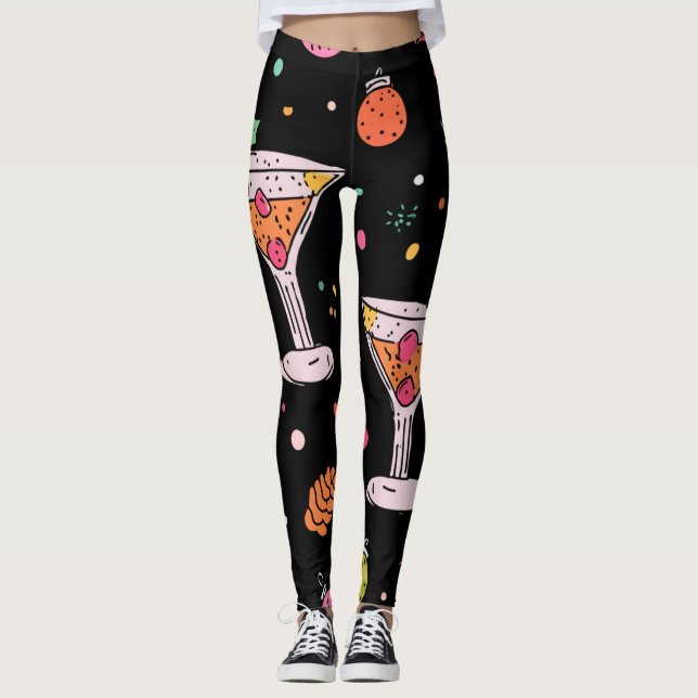 Retro Holiday Martinis with Holly Berries  Leggings (Front)