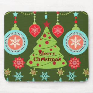 Retro Holiday Merry Christmas Tree Snowflakes Mouse Pad