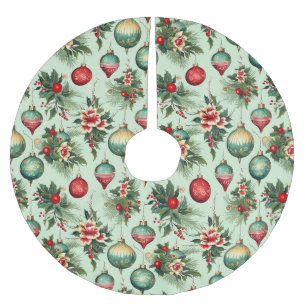 Retro Holiday Ornaments and Flowers Christmas Brushed Polyester Tree Skirt