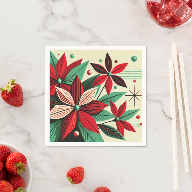 Retro Holiday Poinsettia Mid Century Découpage Napkin (Insitu)