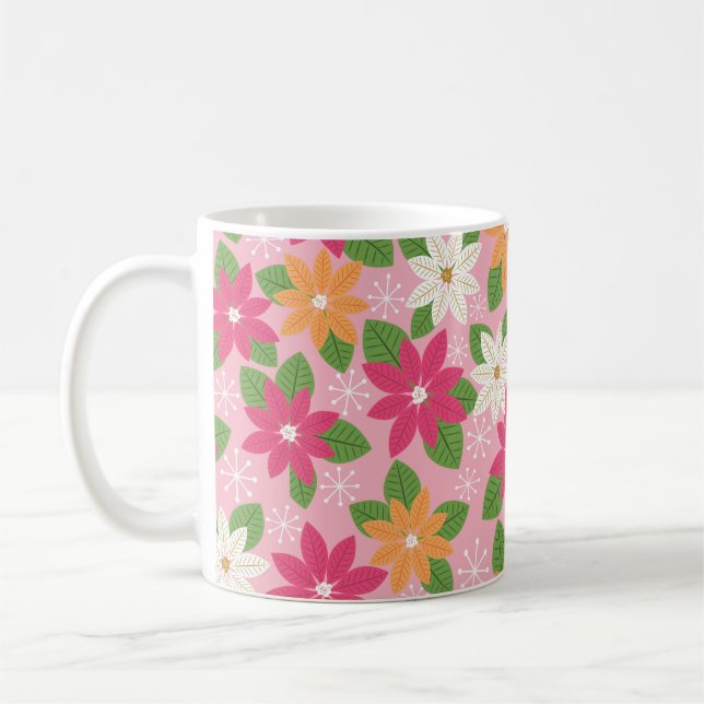 Retro Holiday Poinsettia -Pink Green Orange Coffee Mug (Left)