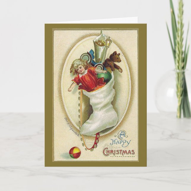 Retro Holiday Stocking with Toys Christmas Card (Front)