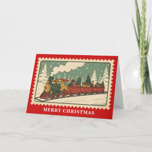 Retro Holiday Train Christmas Postage Stamp Card