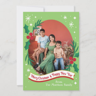 Retro Holly and Berry Photo Christmas Cards