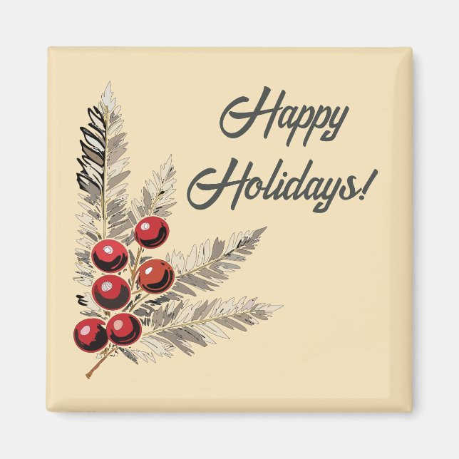 Retro Holly Berries and Evergreen Magnet (Front)