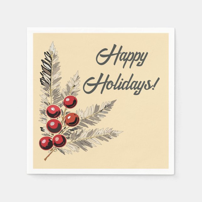Retro Holly Berries and Evergreen  Napkin (Front)