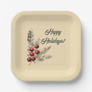 Retro Holly Berries and Evergreen Paper Plate