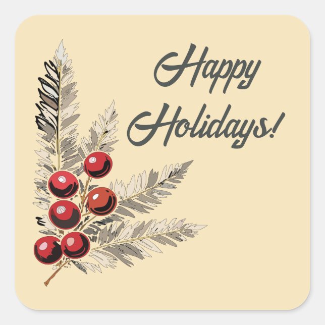 Retro Holly Berries and Evergreen  Square Sticker (Front)