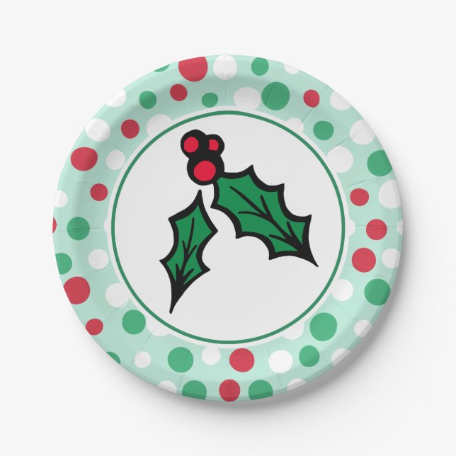 Retro Holly Christmas Party Paper Plates (Front)