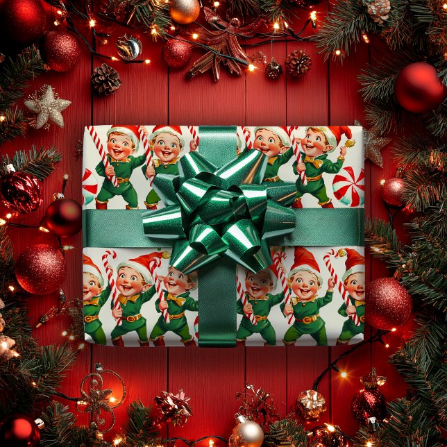  Retro Holly Jolly Christmas Elves  Wrapping Paper (Creator Uploaded)