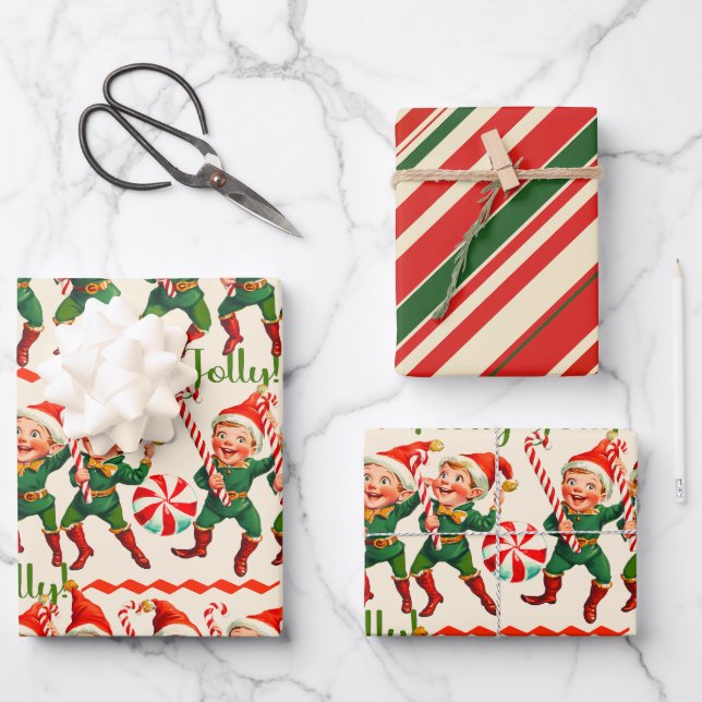  Retro Holly Jolly Christmas Elves  Wrapping Paper Sheet (Front)