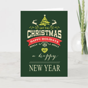 Retro Holly Jolly Christmas Typography   green Holiday Card
