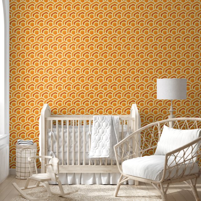 Retro Honeycomb Waves Orange Hexagon Pattern Wallpaper (Kids)