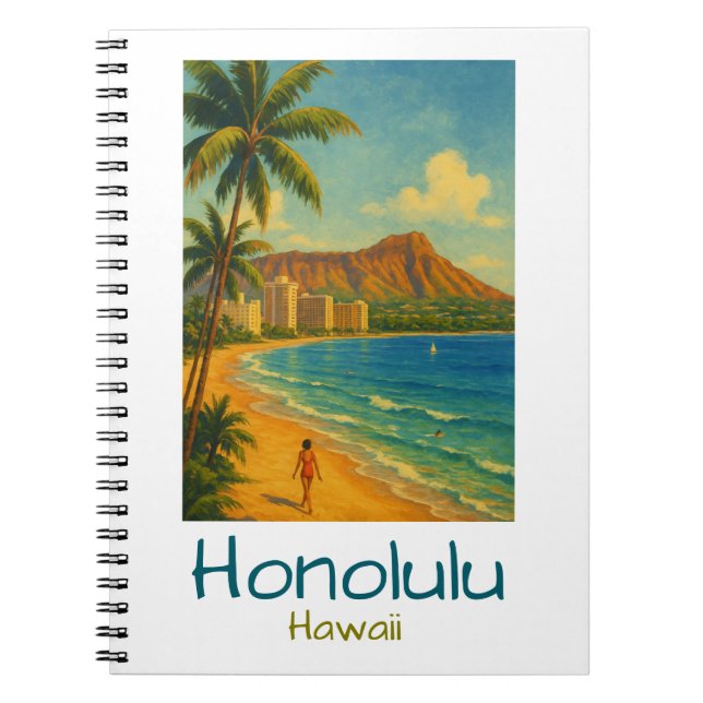 Retro Honolulu Hawaii Waikiki Beach Notebook (Front)