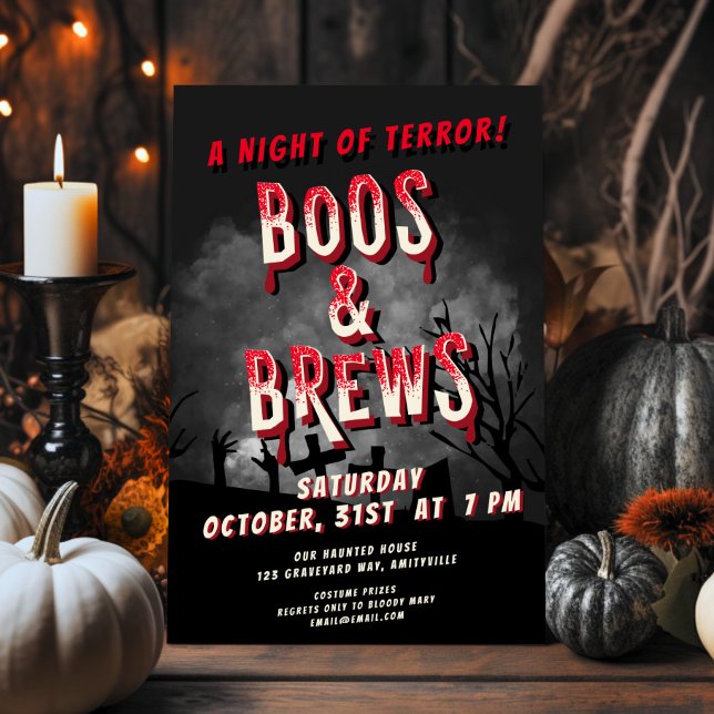 Retro Horror Movie Boos & Brews Halloween Party Holiday Card (Creator Uploaded)