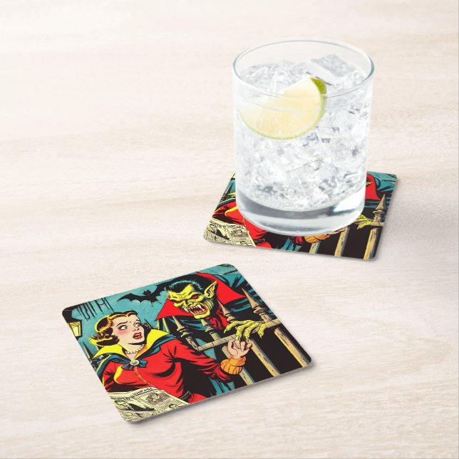 Retro Horror Vampire Comics Square Paper Coaster (Insitu)