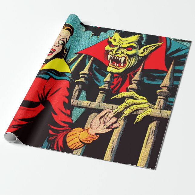 Retro Horror Vampire Comics Wrapping Paper (Unrolled)