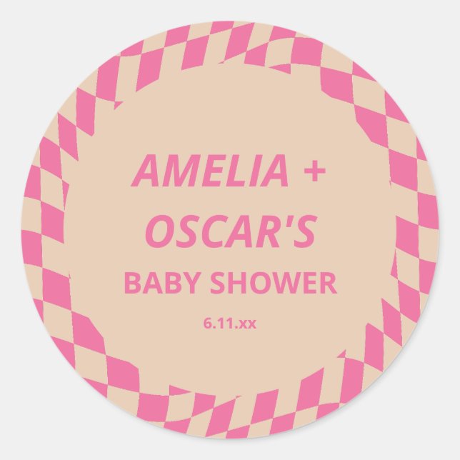 Retro Hot Pink Abstract Checker Custom Baby Shower Classic Round Sticker (Front)