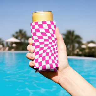 Retro Hot Pink Checked Warped Chequered  Seltzer Can Cooler