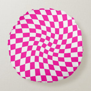Retro Hot Pink Checks Warped Chequered Dorm Round Cushion